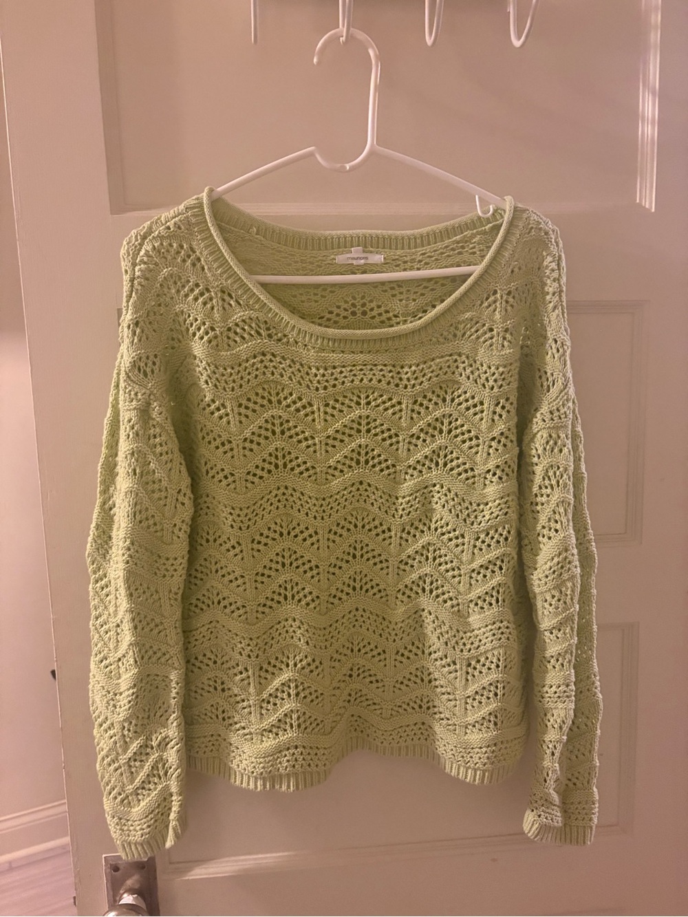 Light Green Open-Knit Crewneck Crochet Sweater